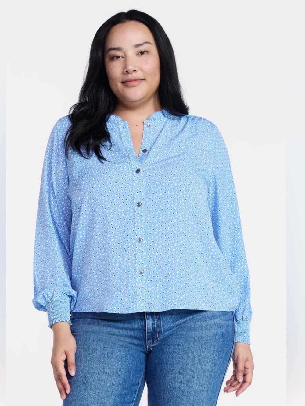 (287)Light Blue Printed Button-Front Women’s Blouse